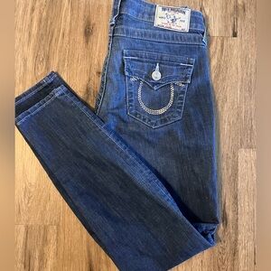 TRUE RELIGION Denim Jean Skinny Leggings Jeans. Rhinestone Horseshoes. Size 28.